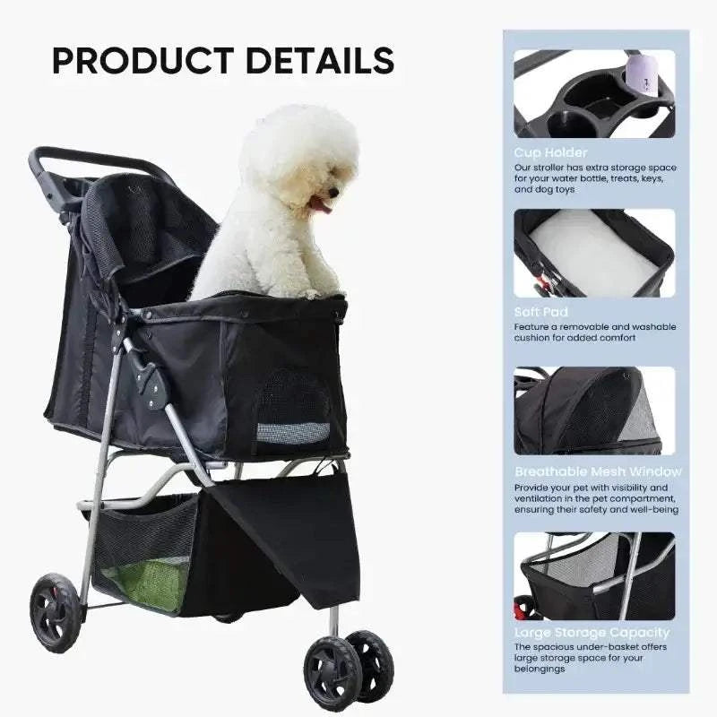 Fortunato Store LLC Pet Accessories / Dog Carriers Black / United States Foldable Pet Stroller – 3-Wheel Dog & Cat Carrier