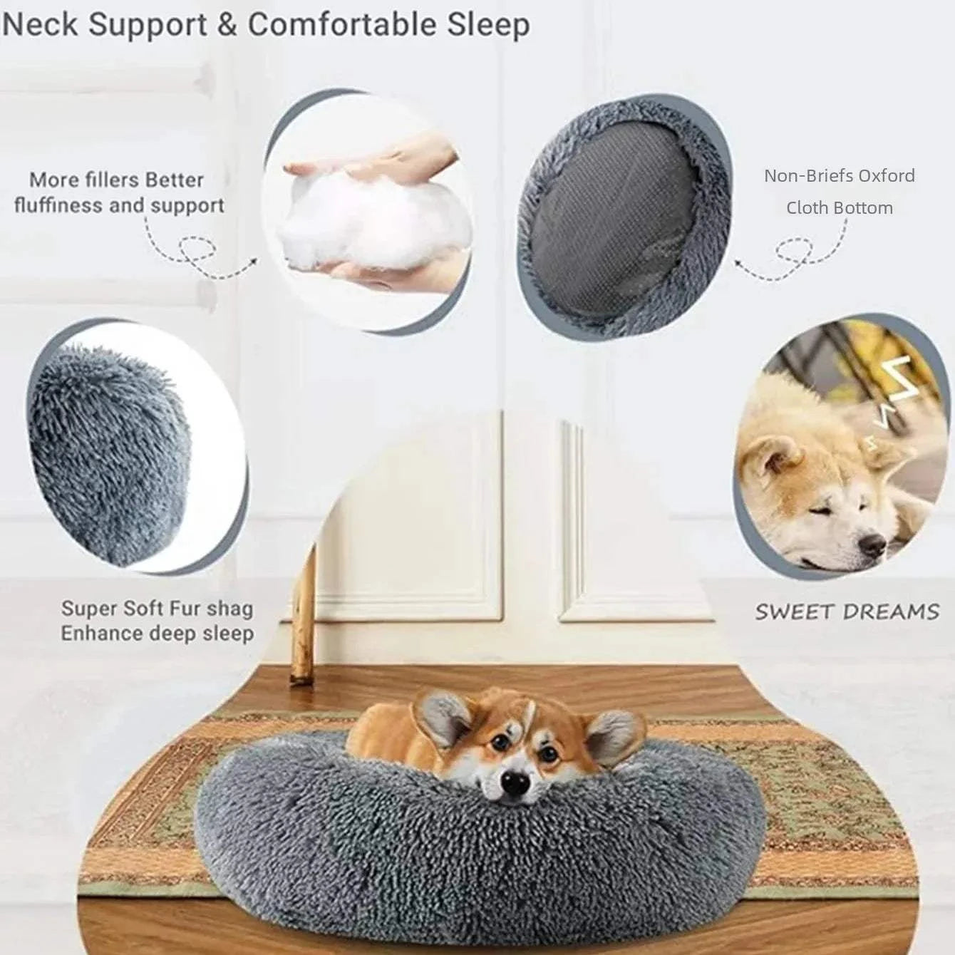 Fortunato Store LLC Donut Pet Bed Round Plush Dog Bed – Winter Pet Nest (40–90cm)