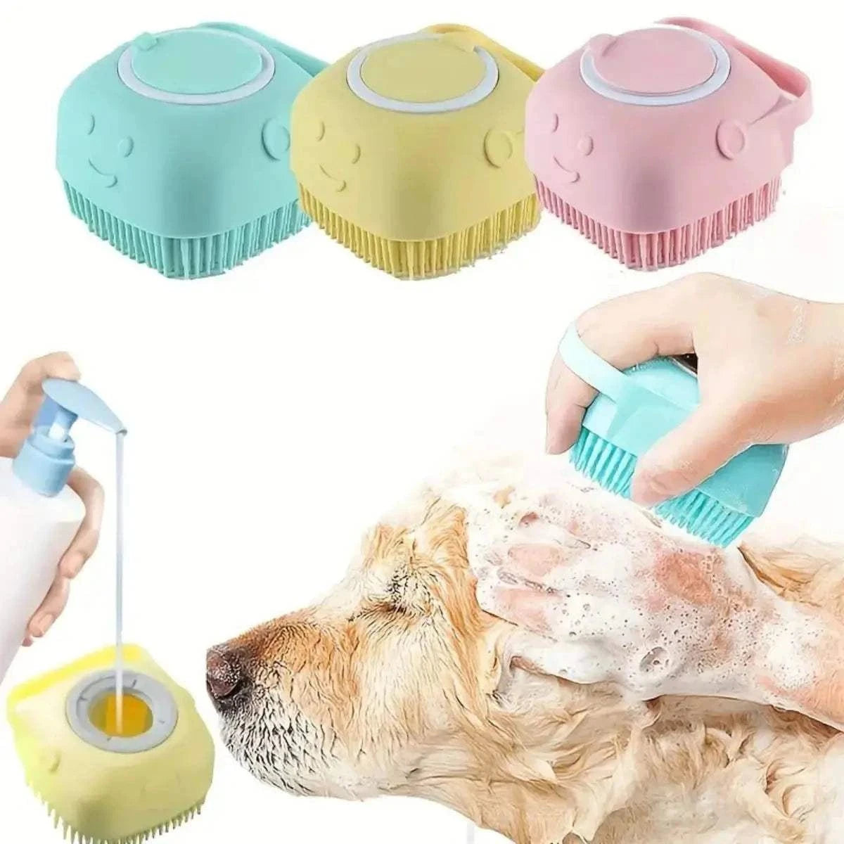 Fortunato Store Dog Bath Brush Silicone Dog Bath Brush with Shampoo Dispenser
